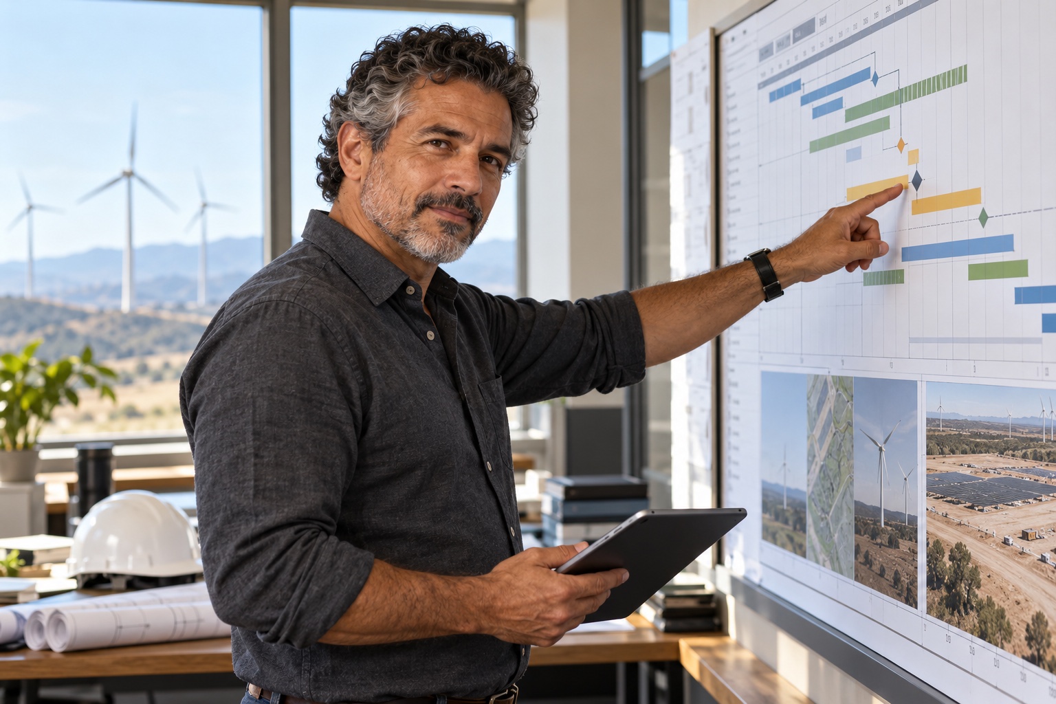 Energy project manager pointing to a construction schedule