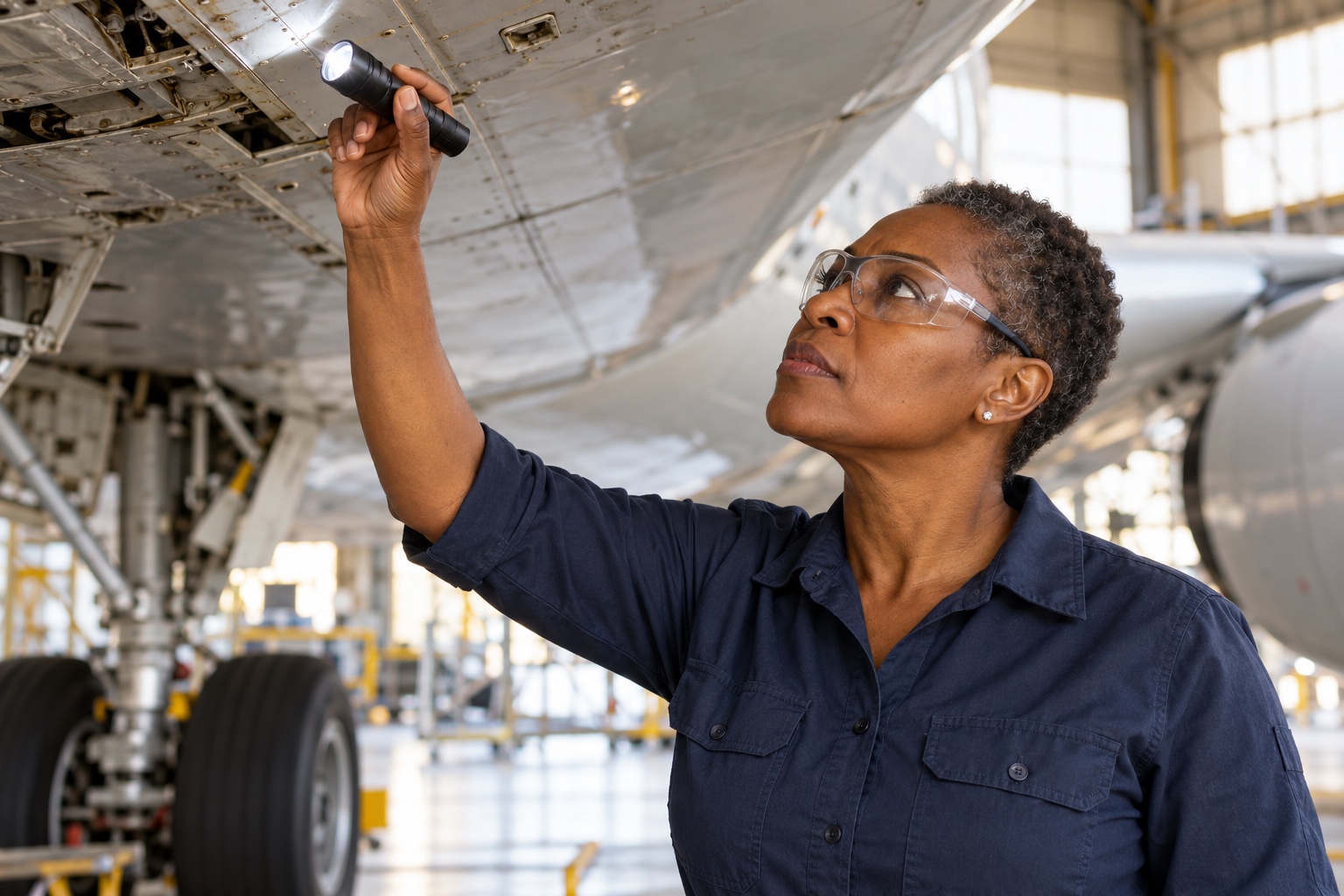 Aerospace technician inspecting the underside of an aircraft wing
