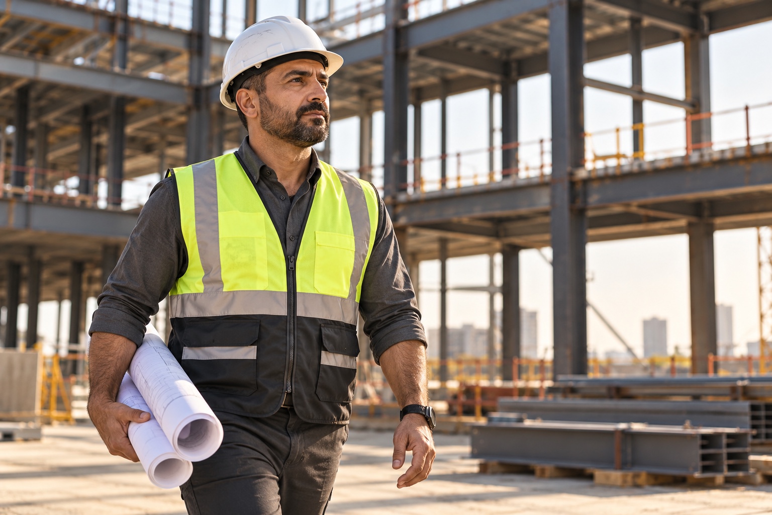 Construction supervisor walking through a site with rolled blueprints