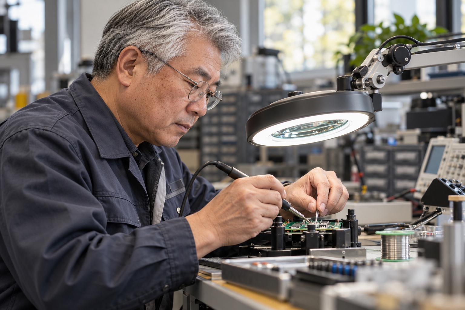 Mechanical engineer soldering a circuit board at a laboratory bench