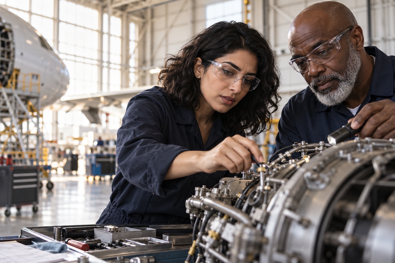 Aerospace engineers examining an aircraft component together