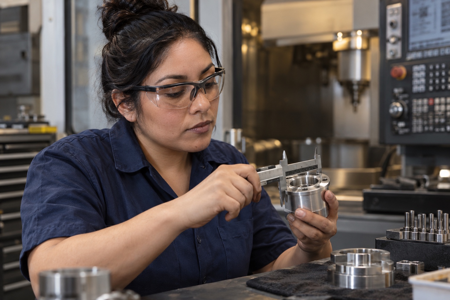 Manufacturing technician measuring a precision component