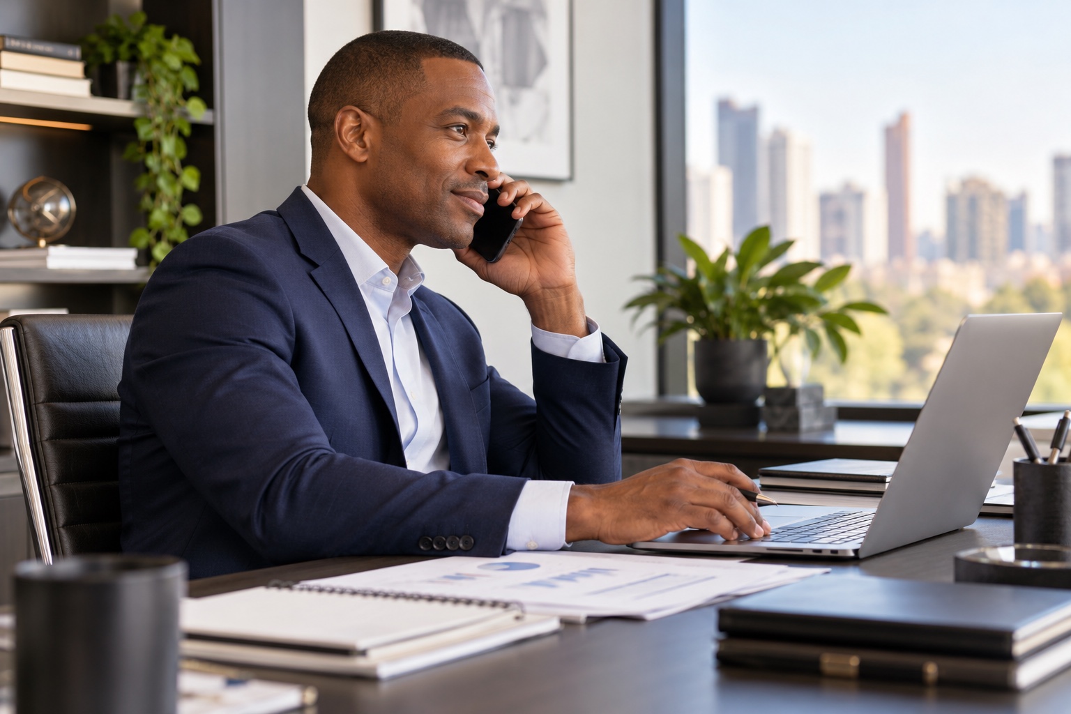 Finance professional speaking on the phone at his office desk