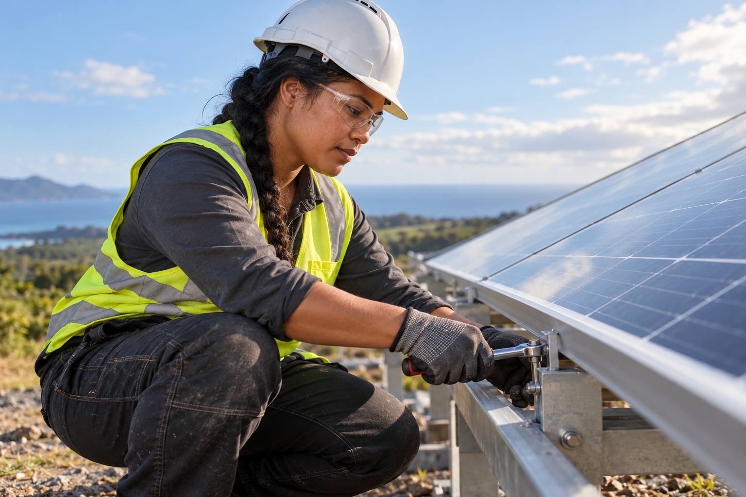 Renewable energy technician fastening a solar panel mounting bracket